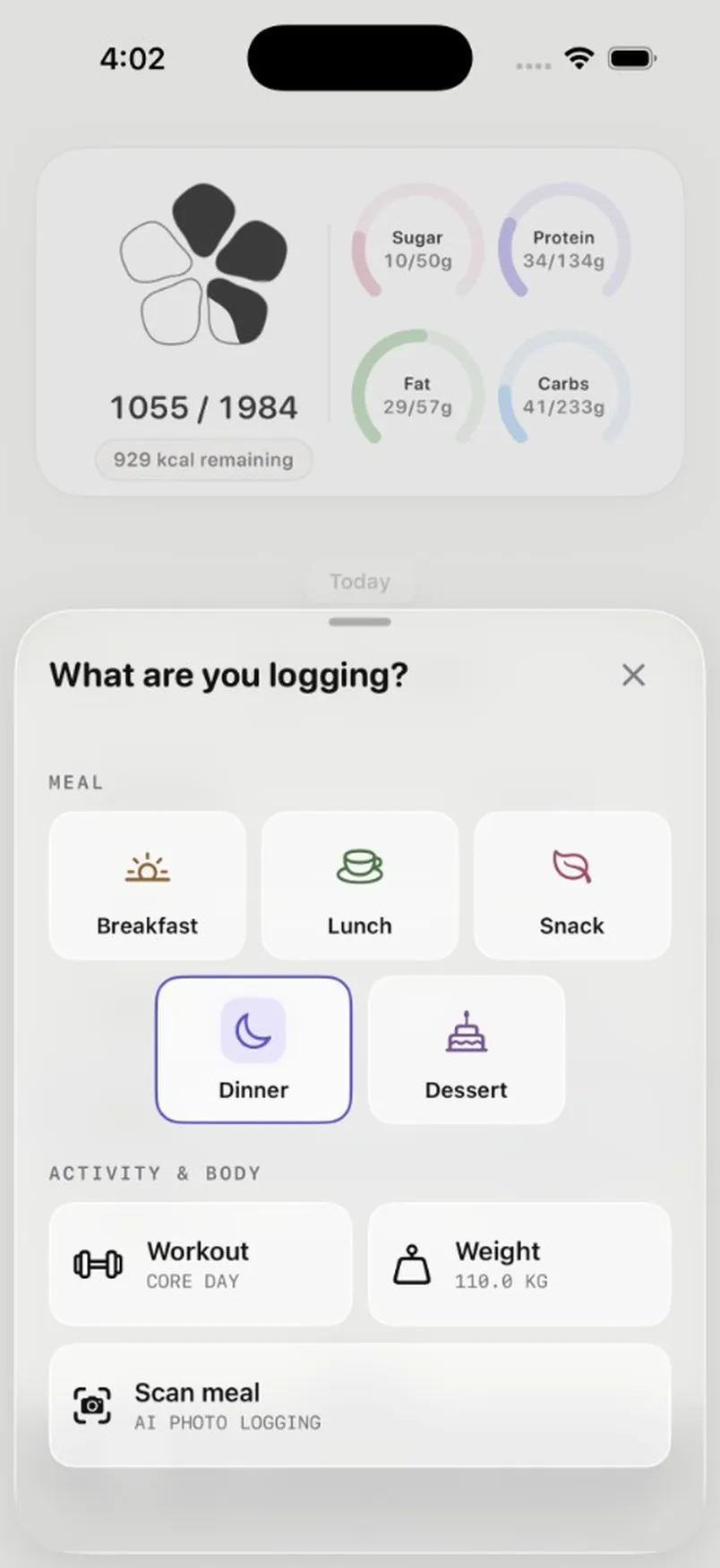 LazyCal logging sheet asking what are you logging, with pastel meal tiles, workout and weight cards, and a Scan meal button for AI photo logging